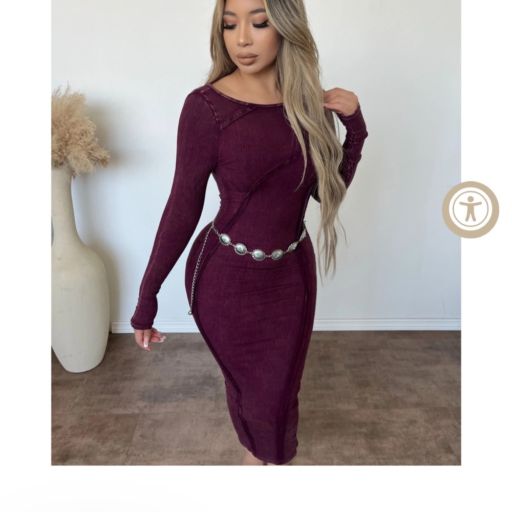 OOTDFash Deep Burgundy Long Sleeve Dress